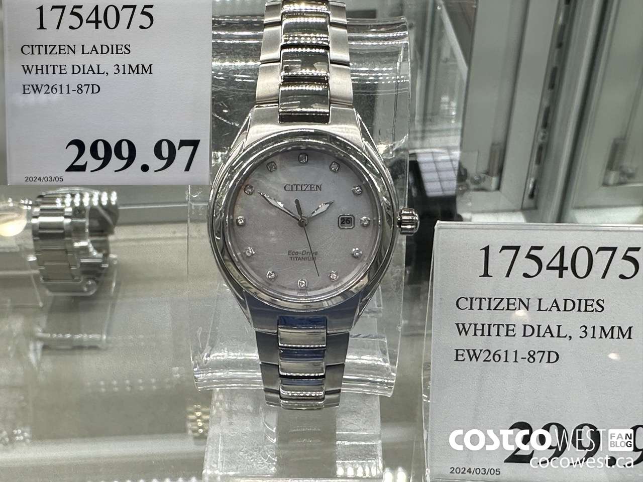 1754075 CITIZEN LADIES WHITE DIAL 31MM EW2611-87D $299.97