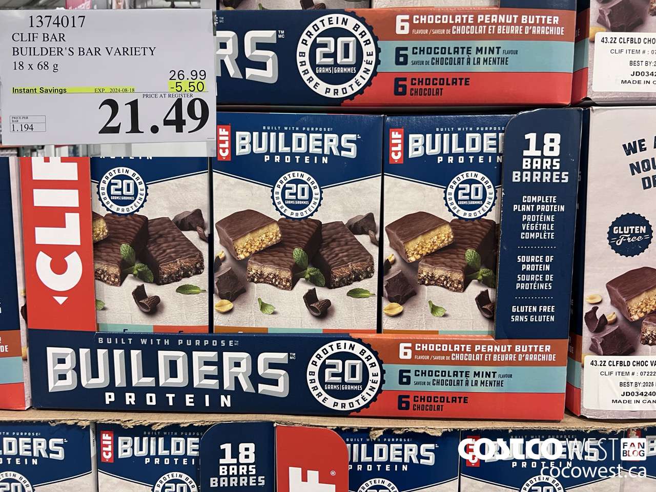 1374017 CLIF BAR BUILDER'S BAR VARIETY 18 x 68 g ($5.50 INSTANT SAVINGS EXPIRES ON 2024-08-18) $12.49