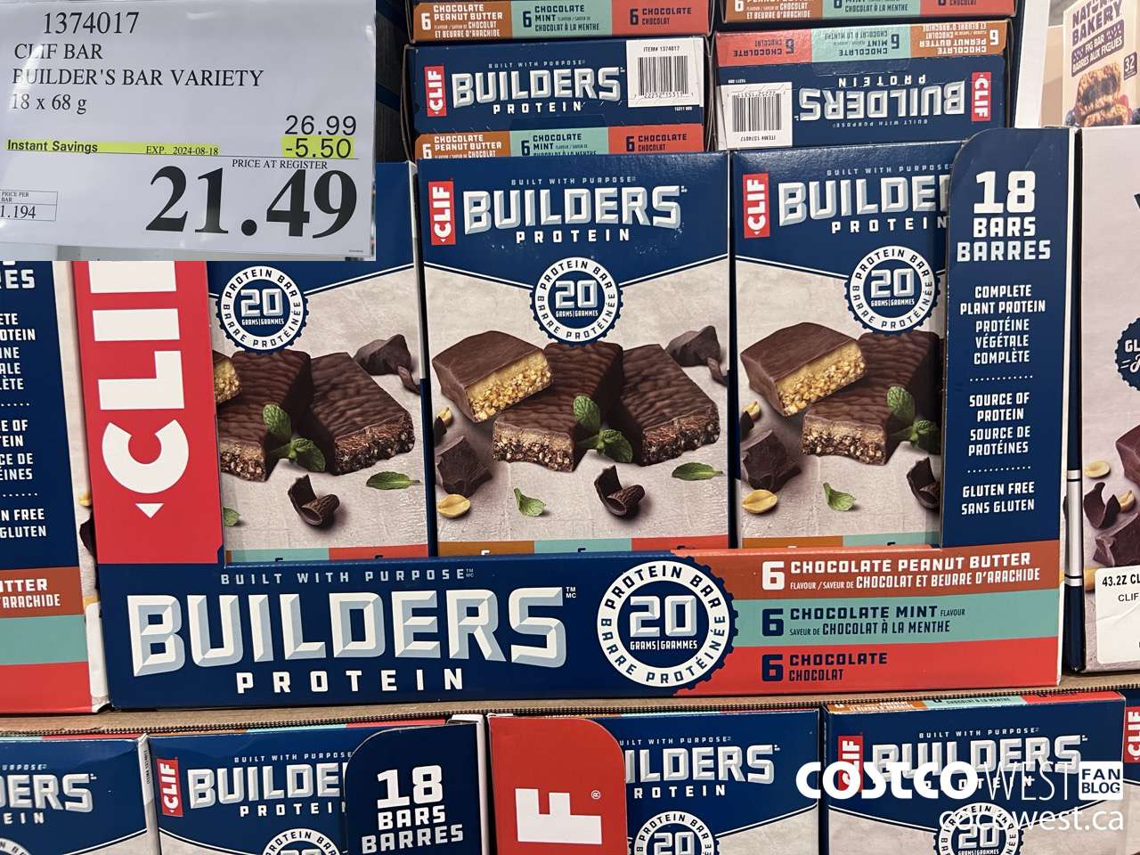 1374017 CLIF BAR BUILDER'S BAR VARIETY 18 x 68 g ($5.50 INSTANT SAVINGS EXPIRES ON 2024-08-18) $12.49