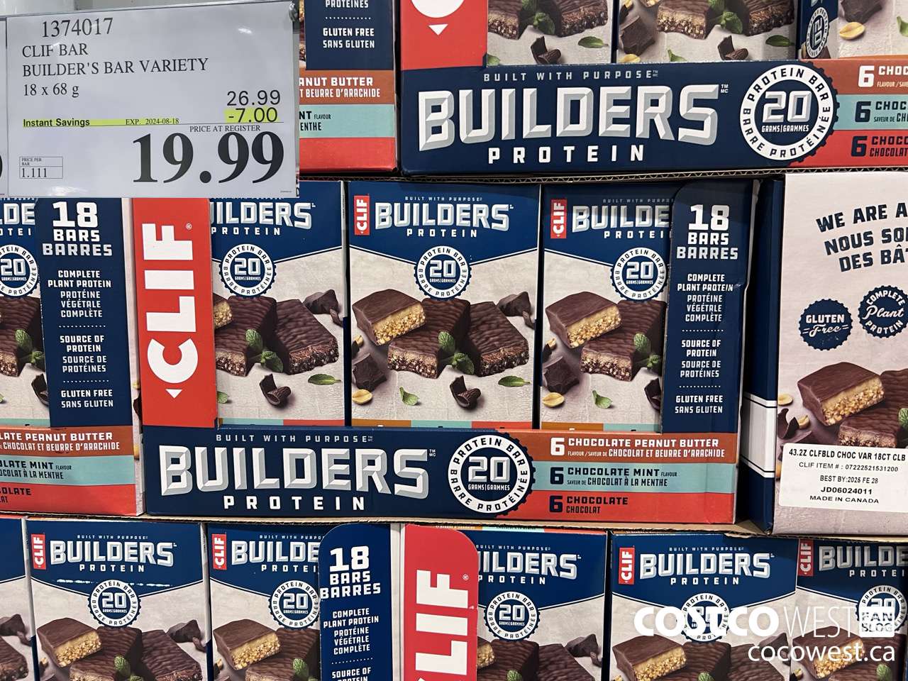 1374017 CLIF BAR BUILDER'S BAR VARIETY 18 x 68 g ($7.00 INSTANT SAVINGS EXPIRES ON 2024-08-18) $19.99