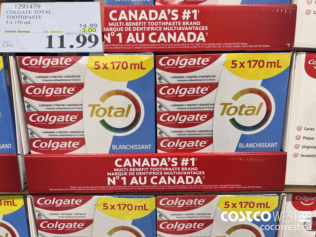 1291479 COLGATE TOTAL TOOTHPASTE 5 x 170 mL ($3.00 INSTANT SAVINGS EXPIRES ON 2024-08-25) $11.99