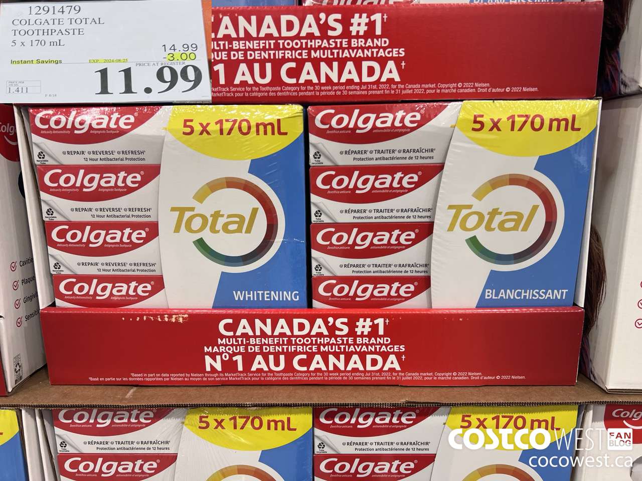 1291479 COLGATE TOTAL TOOTHPASTE 5 x 170 mL ($3.00 INSTANT SAVINGS EXPIRES ON 2024-08-25) $11.99