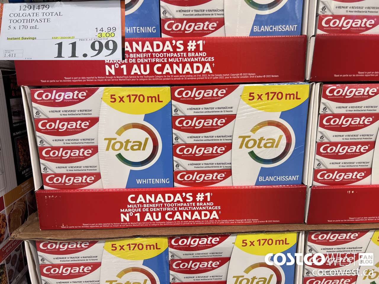 1291479 COLGATE TOTAL TOOTHPASTE 5 x 170 mL ($3.00 INSTANT SAVINGS EXPIRES ON 2024-08-25) $11.99
