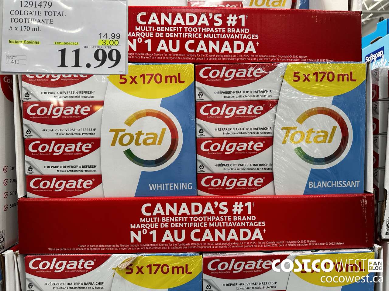 1291479 COLGATE TOTAL TOOTHPASTE 5 x 170 mL ($3.00 INSTANT SAVINGS EXPIRES ON 2024-08-25) $11.99