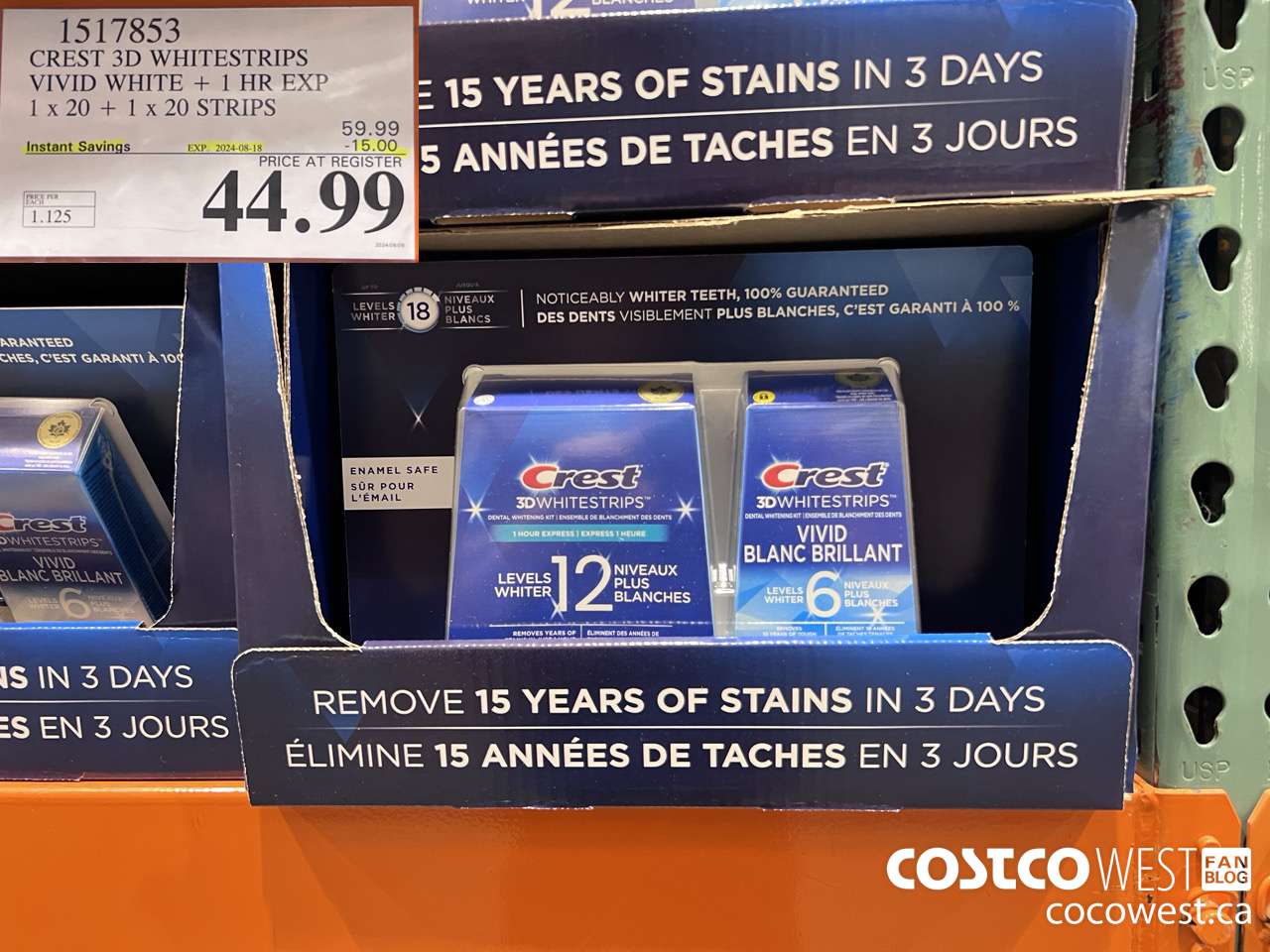 1517853 CREST 3D WHITESTRIPS VIVID WHITE + 1 HR EXP 1 x 20 + 1 x 20 STRIPS ($15.00 INSTANT SAVINGS EXPIRES ON 2024-08-18) $44.99