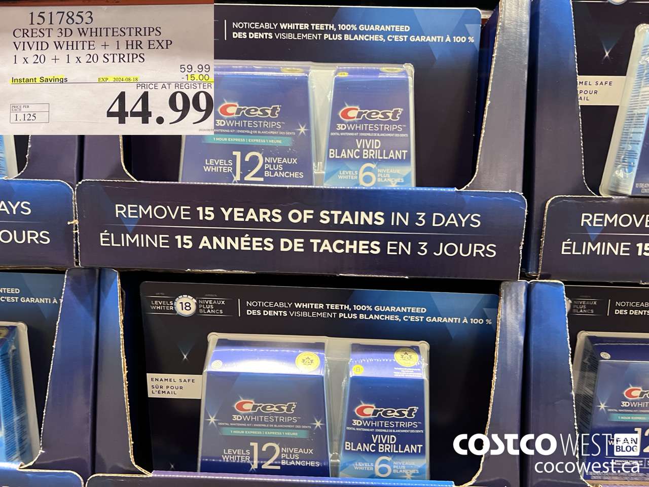 1517853 CREST 3D WHITESTRIPS VIVID WHITE + 1 HR EXP 1 x 20 + 1 x 20 STRIPS ($15.00 INSTANT SAVINGS EXPIRES ON 2024-08-18) $44.99