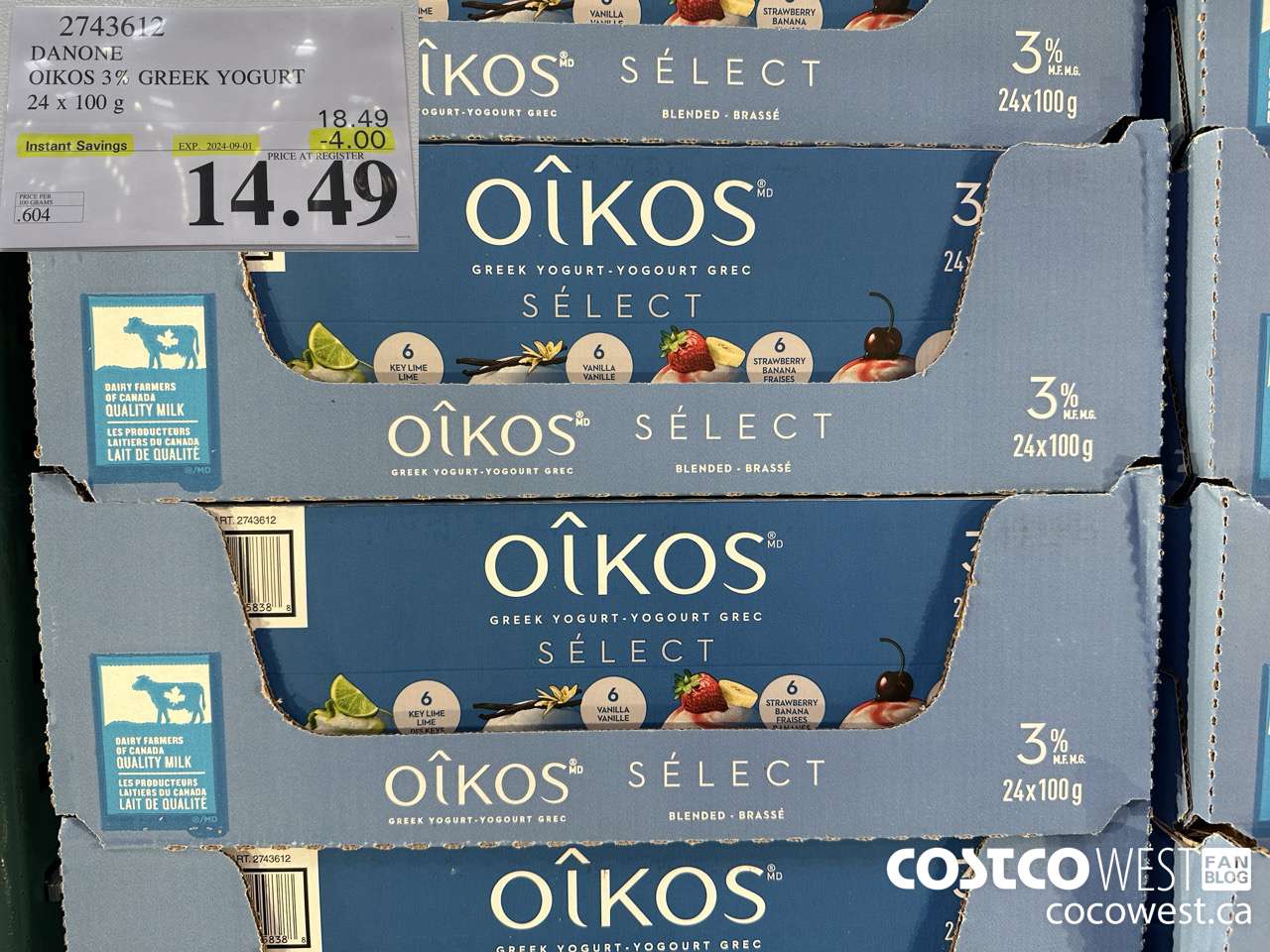 2743612 DANONE OIKOS 3% GREEK YOGURT 24 X 100 G ($4.00 INSTANT SAVINGS EXPIRES ON 2024-09-01) $14.49