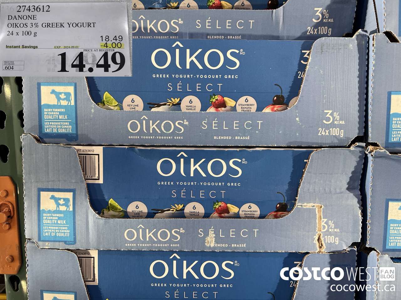 2743612 DANONE OIKOS 3% GREEK YOGURT 24 X 100 G ($4.00 INSTANT SAVINGS EXPIRES ON 2024-09-01) $14.49