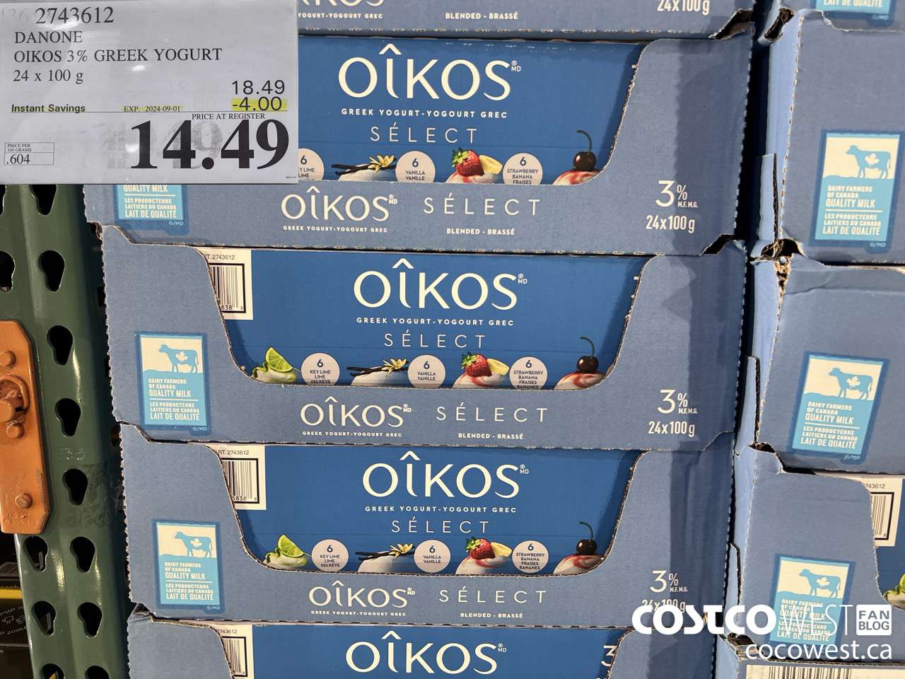 2743612 DANONE OIKOS 3% GREEK YOGURT 24 X 100 G ($4.00 INSTANT SAVINGS EXPIRES ON 2024-09-01) $14.49