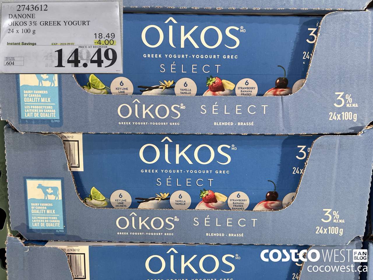 2743612 DANONE OIKOS 3% GREEK YOGURT 24 X 100 G ($4.00 INSTANT SAVINGS EXPIRES ON 2024-09-01) $14.49