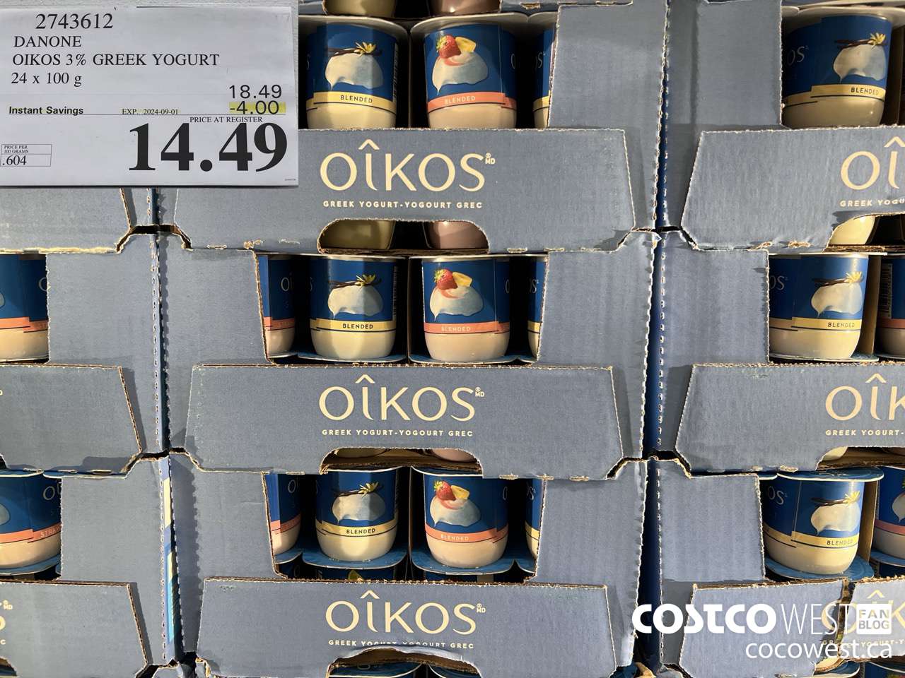 2743612 DANONE OIKOS 3% GREEK YOGURT 24 X 100 G ($4.00 INSTANT SAVINGS EXPIRES ON 2024-09-01) $14.49