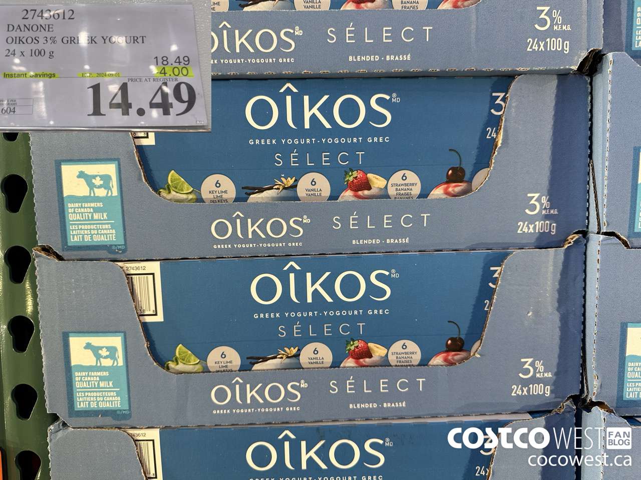 2743612 DANONE OIKOS 3% GREEK YOGURT 24 X 100 G ($4.00 INSTANT SAVINGS EXPIRES ON 2024-09-01) $14.49