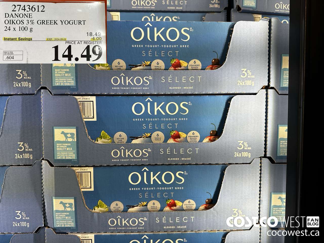 2743612 DANONE OIKOS 3% GREEK YOGURT 24 X 100 G ($4.00 INSTANT SAVINGS EXPIRES ON 2024-09-01) $14.49