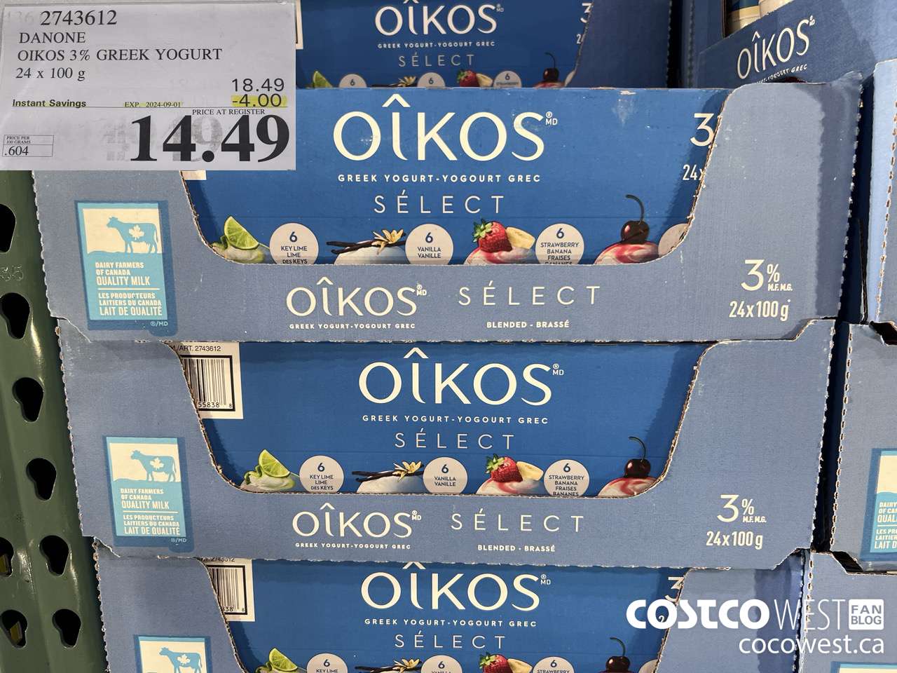 2743612 DANONE OIKOS 3% GREEK YOGURT 24 X 100 G ($4.00 INSTANT SAVINGS EXPIRES ON 2024-09-01) $14.49