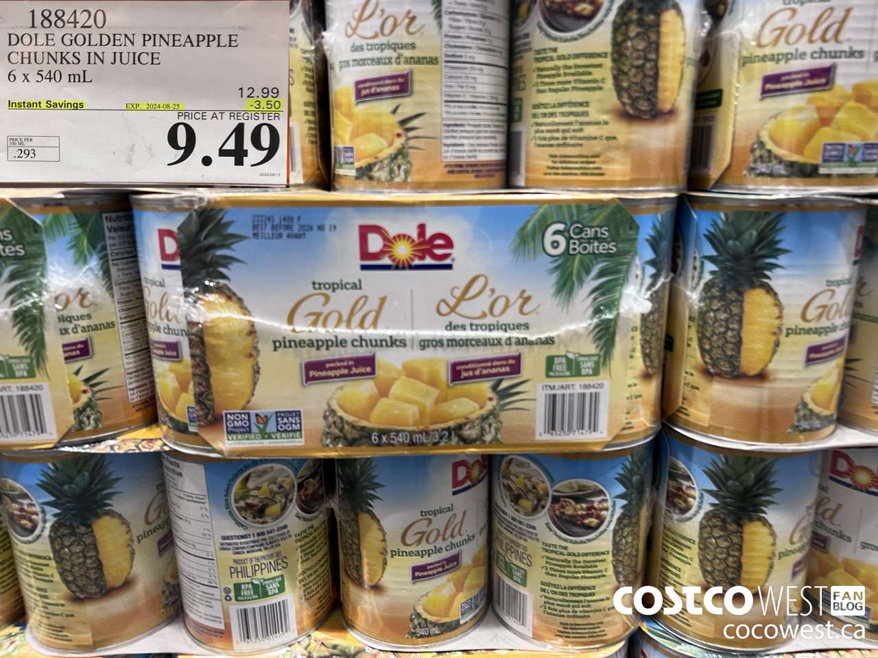 188420 DOLE GOLDEN PINEAPPLE CHUNKS IN JUICE 6 x 540 mL ($3.50 INSTANT SAVINGS EXPIRES ON 2024-08-25) $9.49