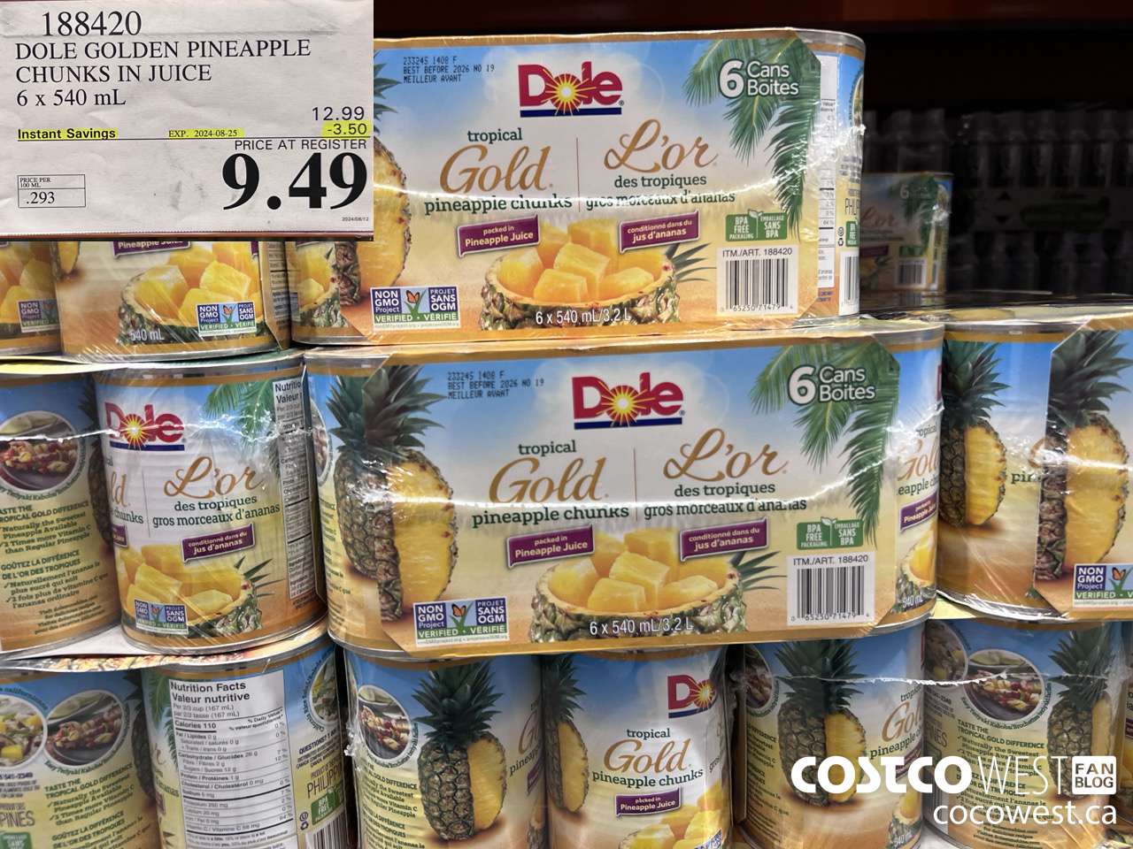 188420 DOLE GOLDEN PINEAPPLE CHUNKS IN JUICE 6 x 540 mL ($3.50 INSTANT SAVINGS EXPIRES ON 2024-08-25) $9.49