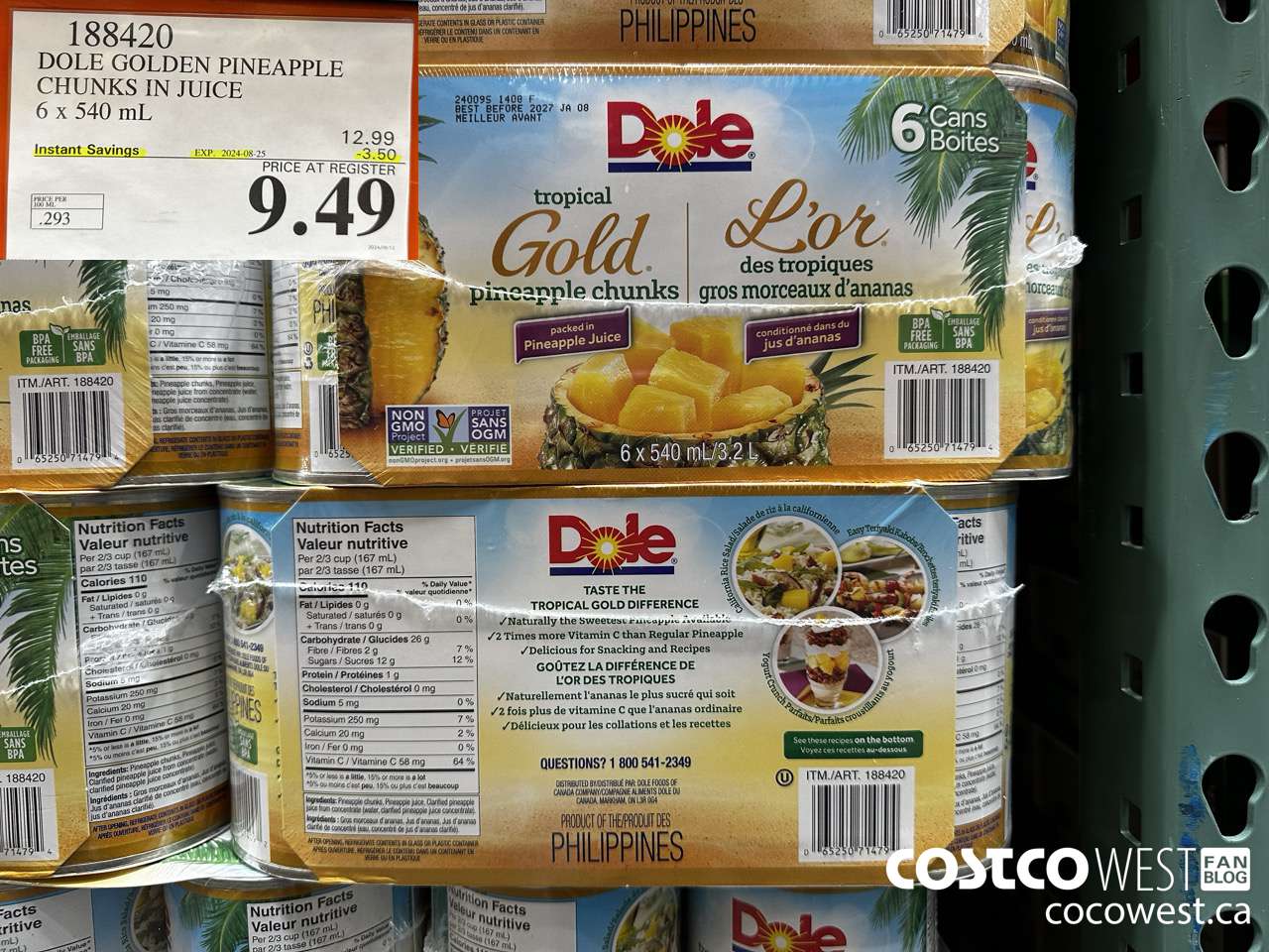188420 DOLE GOLDEN PINEAPPLE CHUNKS IN JUICE 6 x 540 mL ($3.50 INSTANT SAVINGS EXPIRES ON 2024-08-25) $9.49