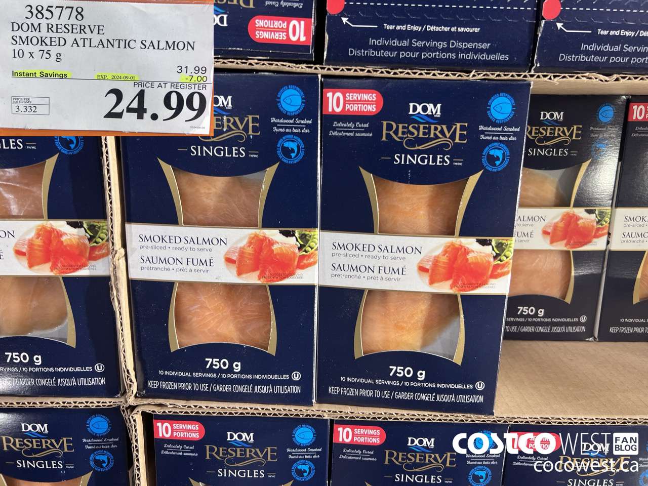 385778 DOM RESERVE SMOKED ATLANTIC SALMON 10 x 75 g ($7.00 INSTANT SAVINGS EXPIRES ON 2024-09-01) $24.99