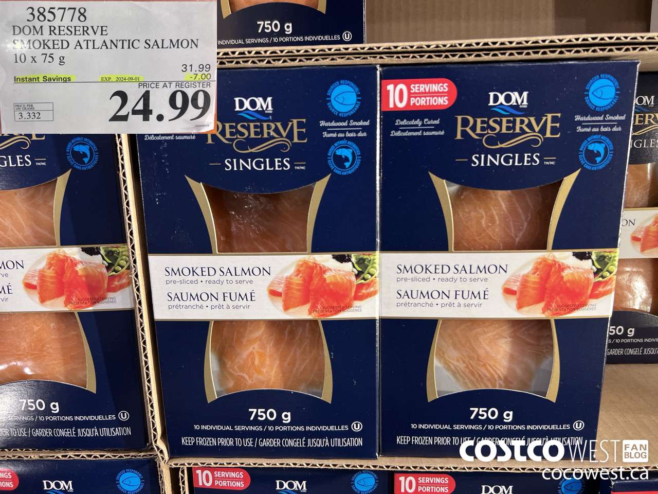 385778 DOM RESERVE SMOKED ATLANTIC SALMON 10 x 75 g ($7.00 INSTANT SAVINGS EXPIRES ON 2024-09-01) $24.99