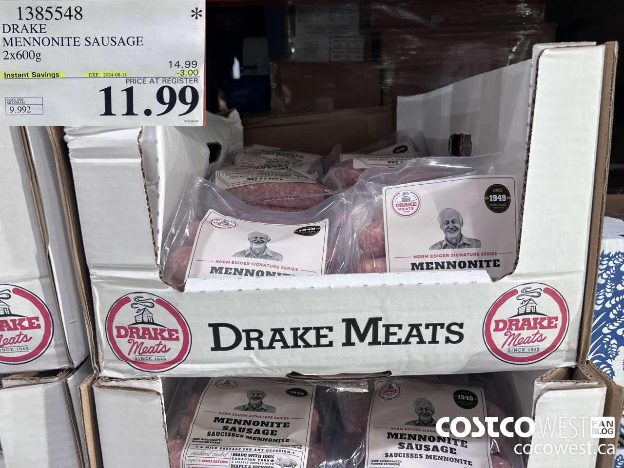 1385548 DRAKE MENNONITE SAUSAGE 2X600G ($3.00 INSTANT SAVINGS EXPIRES ON 2024-08-11) $11.99