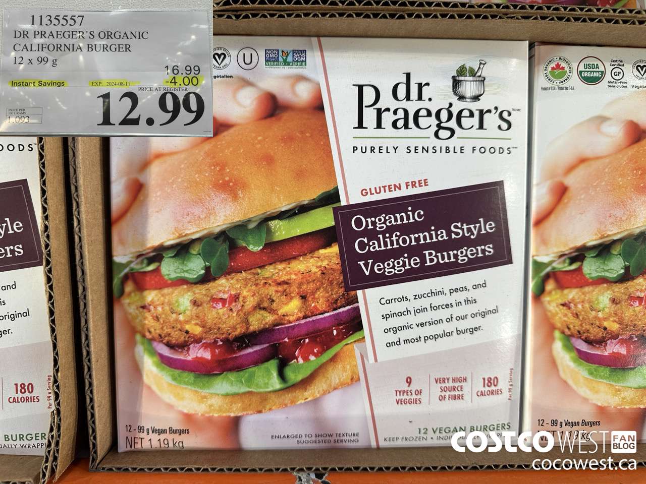 1135557 DR PRAEGER'S ORGANIC CALIFORNIA BURGER 12 x 99 g ($4.00 INSTANT SAVINGS EXPIRES ON 2024-08-11) $12.99