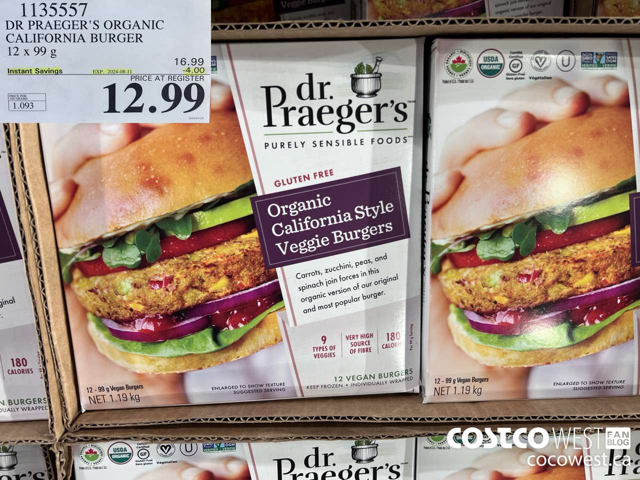 1135557 DR PRAEGER'S ORGANIC CALIFORNIA BURGER 12 x 99 g ($4.00 INSTANT SAVINGS EXPIRES ON 2024-08-11) $12.99