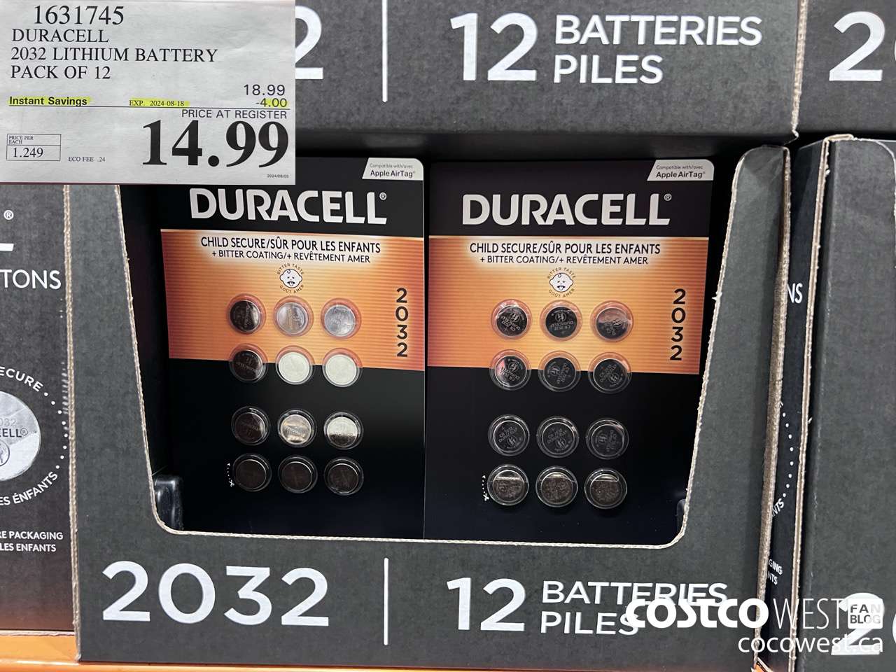 1631745 DURACELL 2032 LITHIUM BATTERY PACK OF 12 ($4.00 INSTANT SAVINGS EXPIRES ON 2024-08-18) $14.99