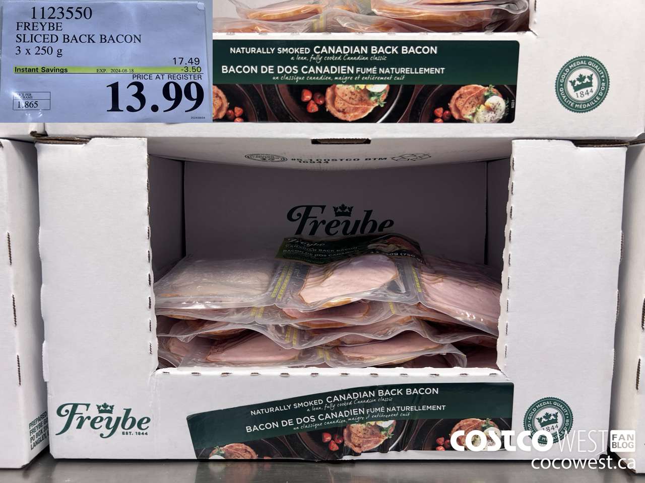 1123550 FREYBE SLICED BACK BACON 3 x 250 g ($3.50 INSTANT SAVINGS EXPIRES ON 2024-08-18) $13.99
