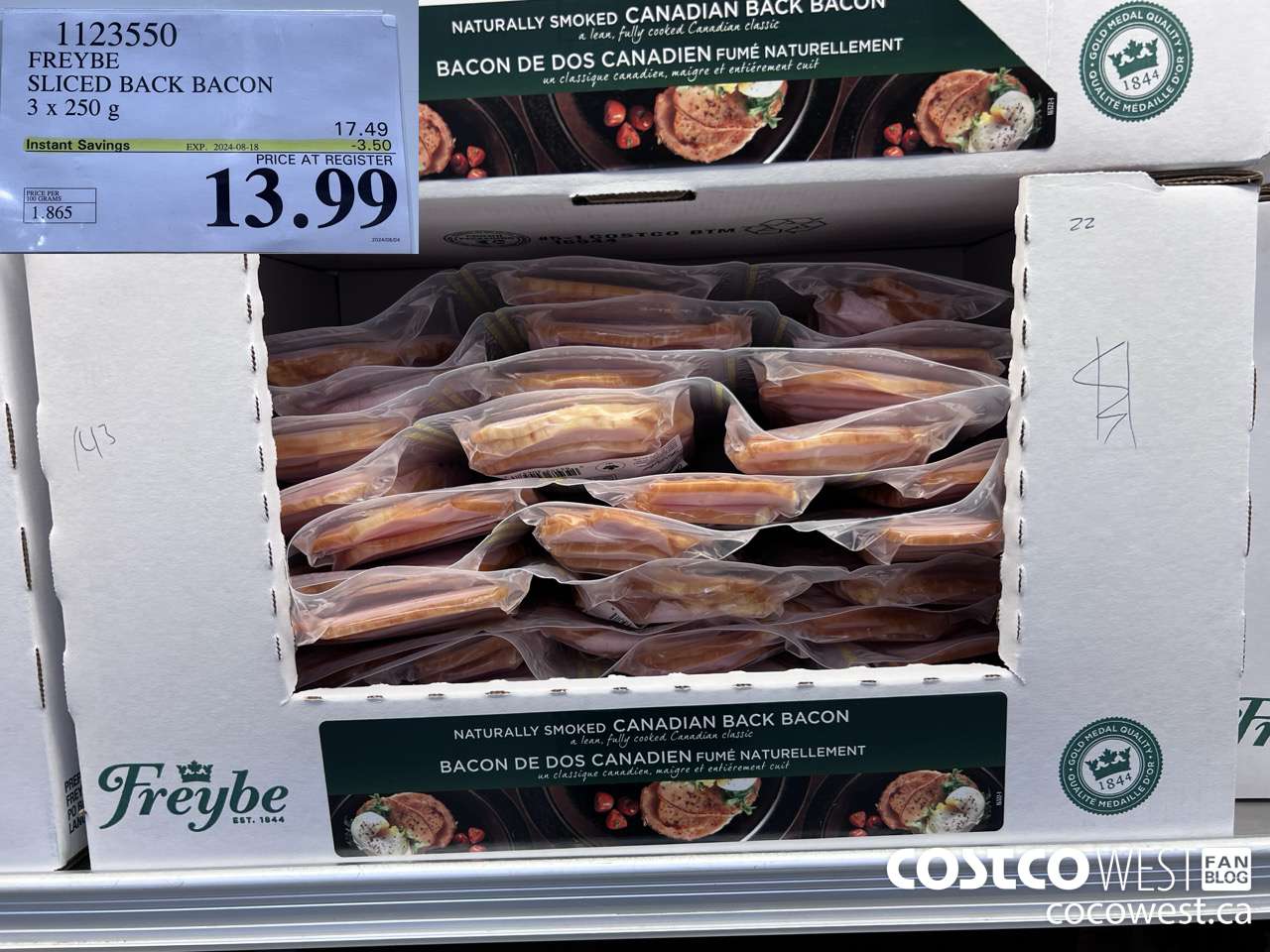 1123550 FREYBE SLICED BACK BACON 3 x 250 g ($3.50 INSTANT SAVINGS EXPIRES ON 2024-08-18) $13.99
