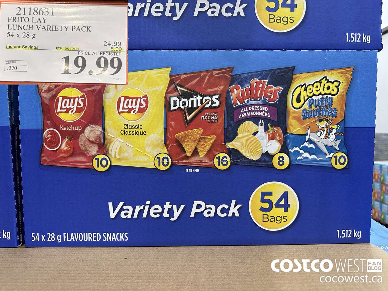 2118631 FRITO LAY LUNCH VARIETY PACK 54 X 28 G ($5.00 INSTANT SAVINGS EXPIRES ON 2024-09-01) $19.99