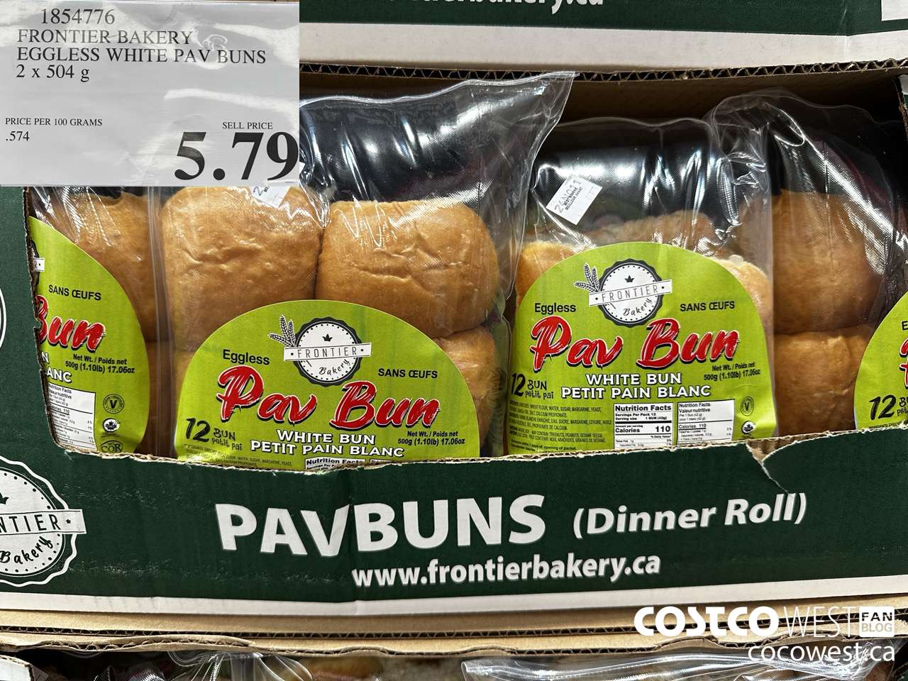 1854776 FRONTIER BAKERY EGGLESS WHITE PAV BUNS 2 X 504G $5.79