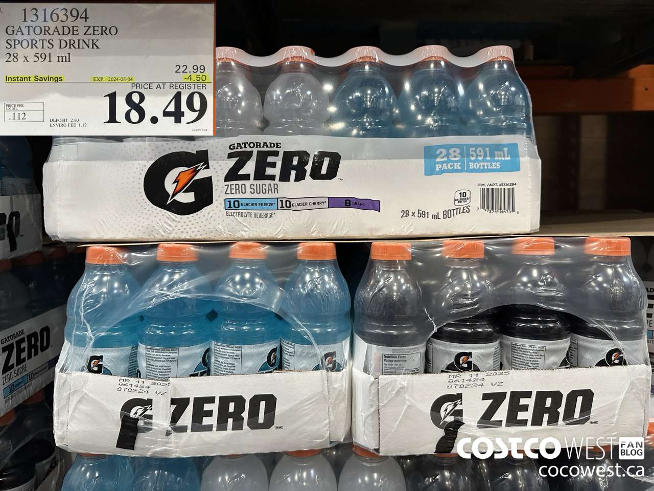 1316394 GATORADE ZERO SPORTS DRINK 28 X 591ML ($4.50 INSTANT SAVINGS EXPIRES ON 2024-08-04) $18.49