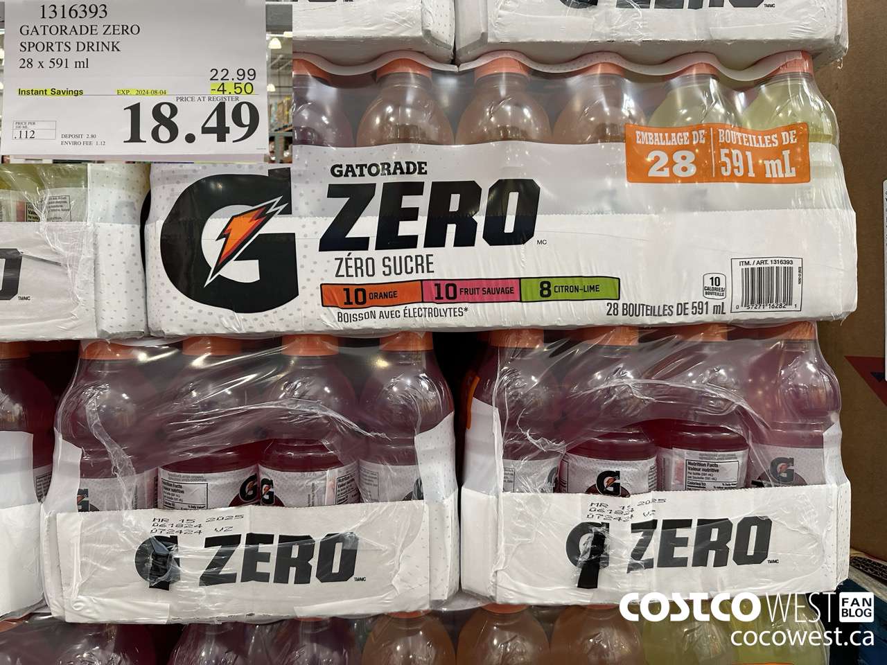 1316393 GATORADE ZERO SPORTS DRINK 28 x 591 ml ($4.50 INSTANT SAVINGS EXPIRES ON 2024-08-04) $18.49