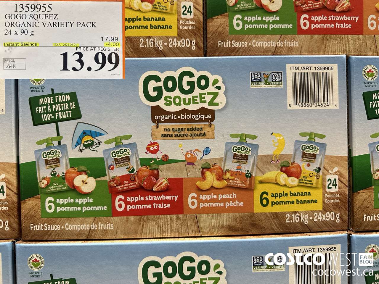 1359955 GOGO SQUEEZ ORGANIC VARIETY PACK 24 x 90g ($4.00 INSTANT SAVINGS EXPIRES ON 2024-09-01) $13.99