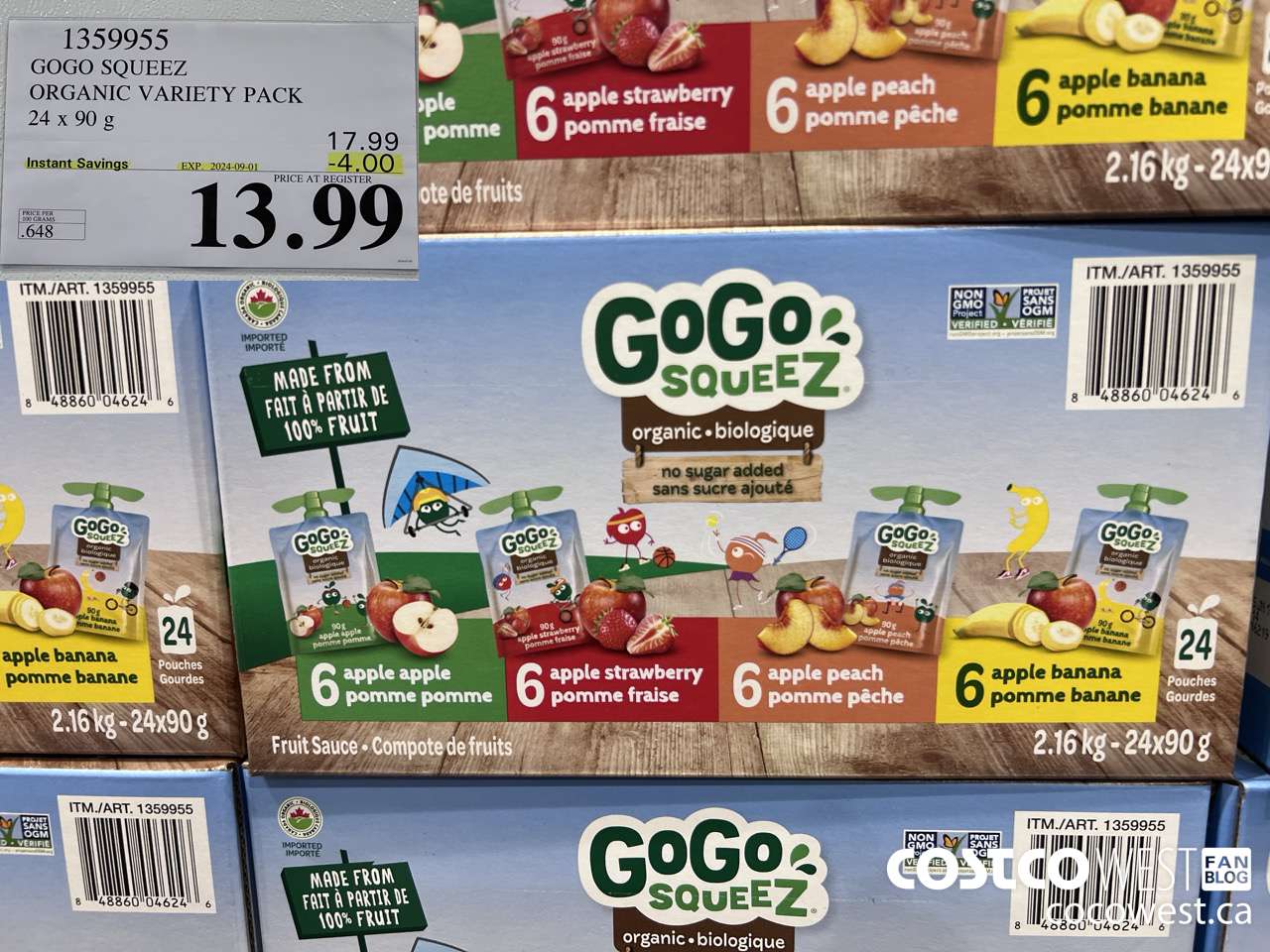 1359955 GOGO SQUEEZ ORGANIC VARIETY PACK 24 x 90g ($4.00 INSTANT SAVINGS EXPIRES ON 2024-09-01) $13.99