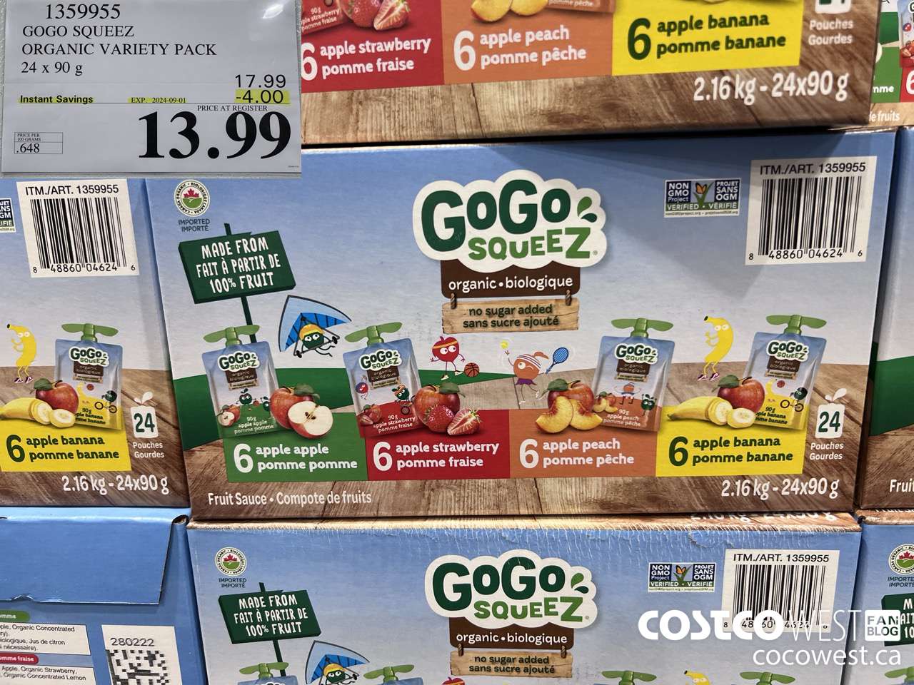 1359955 GOGO SQUEEZ ORGANIC VARIETY PACK 24 x 90g ($4.00 INSTANT SAVINGS EXPIRES ON 2024-09-01) $13.99