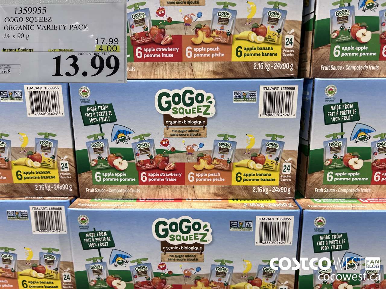 1359955 GOGO SQUEEZ ORGANIC VARIETY PACK 24 x 90g ($4.00 INSTANT SAVINGS EXPIRES ON 2024-09-01) $13.99