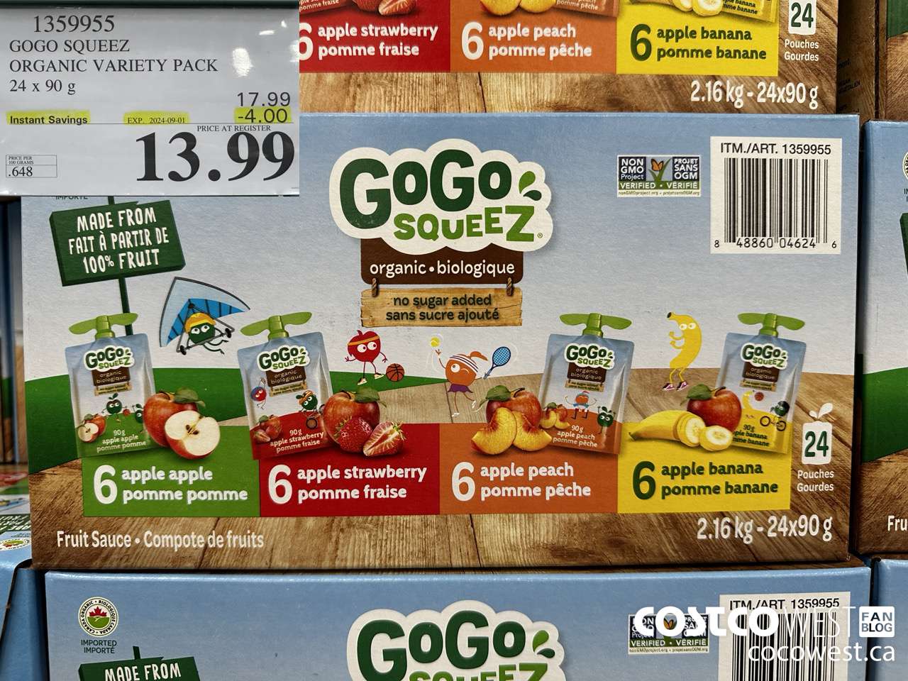 1359955 GOGO SQUEEZ ORGANIC VARIETY PACK 24 x 90g ($4.00 INSTANT SAVINGS EXPIRES ON 2024-09-01) $13.99