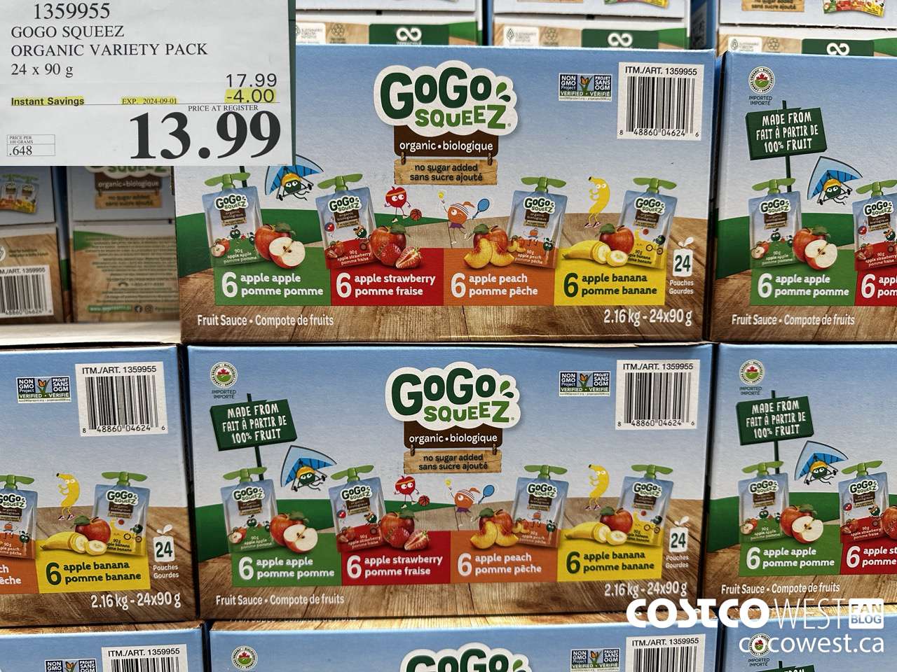 1359955 GOGO SQUEEZ ORGANIC VARIETY PACK 24 x 90g ($4.00 INSTANT SAVINGS EXPIRES ON 2024-09-01) $13.99