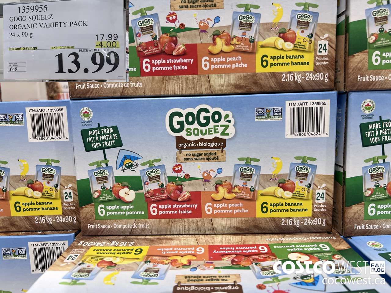 1359955 GOGO SQUEEZ ORGANIC VARIETY PACK 24 x 90g ($4.00 INSTANT SAVINGS EXPIRES ON 2024-09-01) $13.99