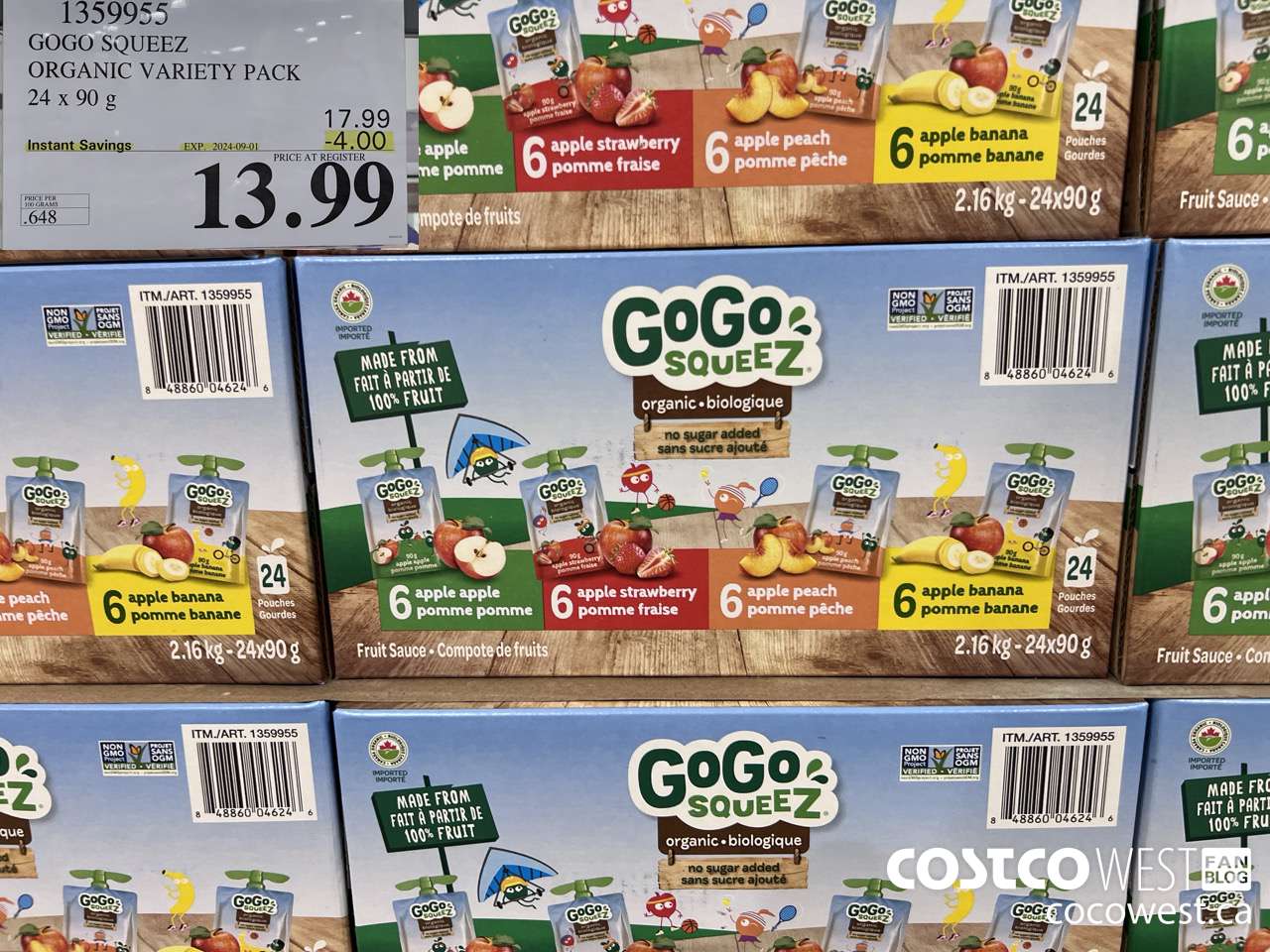 1359955 GOGO SQUEEZ ORGANIC VARIETY PACK 24 x 90g ($4.00 INSTANT SAVINGS EXPIRES ON 2024-09-01) $13.99