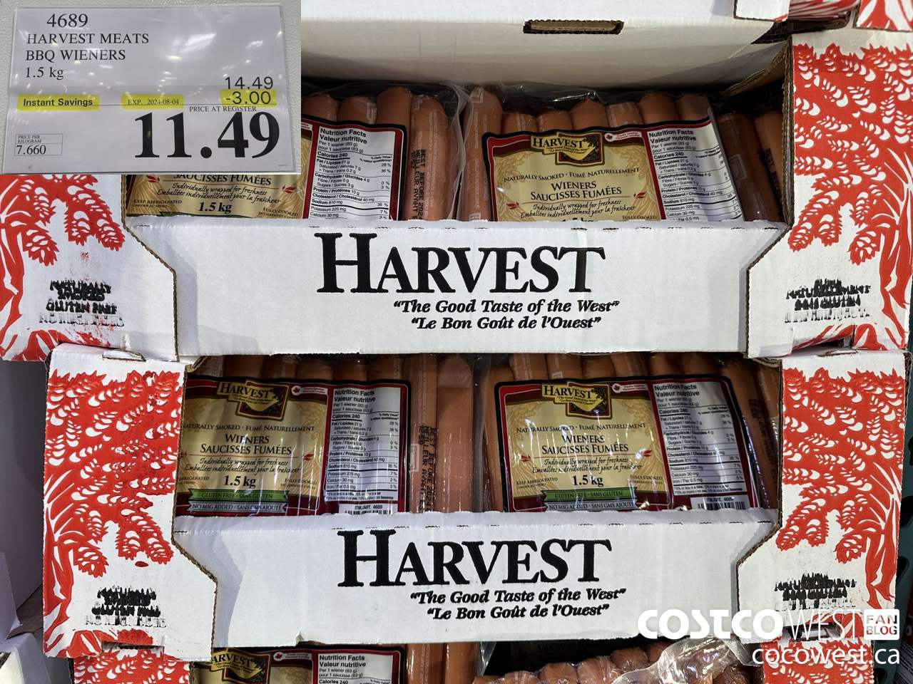 4689 HARVEST MEATS BBQ WIENERS 1.5 KG ($3.00 INSTANT SAVINGS EXPIRES ON 2024-08-04) $11.49