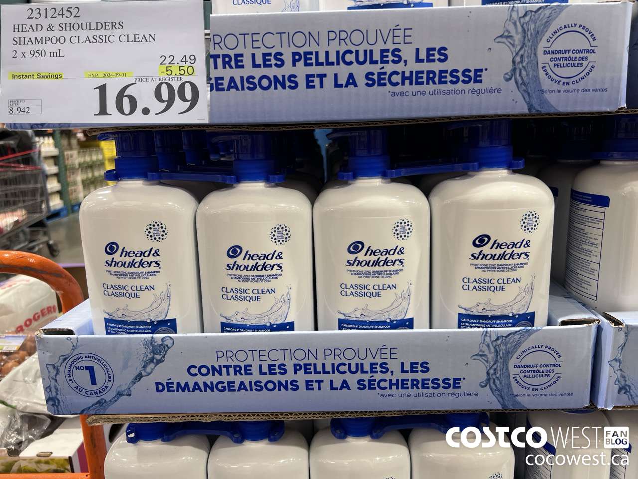 2312452 HEAD & SHOULDERS SHAMPOO CLASSIC CLEAN 2 X 950 ML ($5.50 INSTANT SAVINGS EXPIRES ON 2024-09-01) $16.99