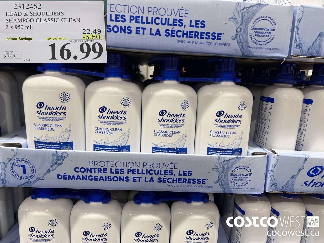 2312452 HEAD & SHOULDERS SHAMPOO CLASSIC CLEAN 2 X 950 ML ($5.50 INSTANT SAVINGS EXPIRES ON 2024-09-01) $16.99