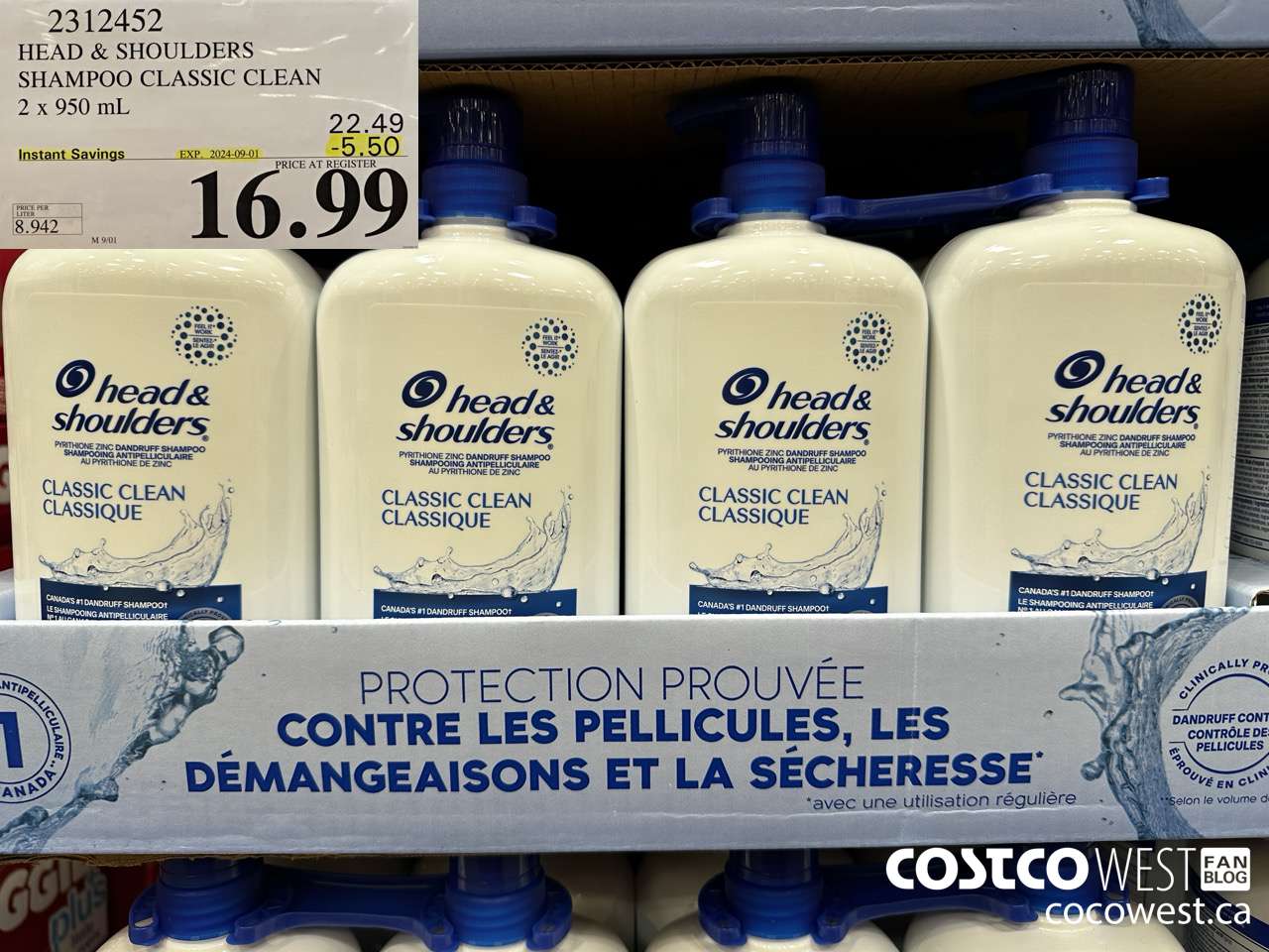 2312452 HEAD & SHOULDERS SHAMPOO CLASSIC CLEAN 2 X 950 ML ($5.50 INSTANT SAVINGS EXPIRES ON 2024-09-01) $16.99