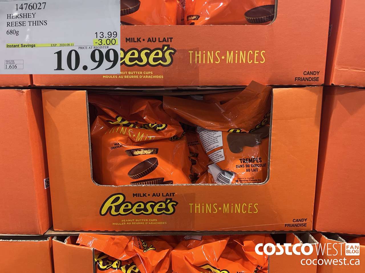 1476027 HERSHEY REESE THINS 680g ($3.00 INSTANT SAVINGS EXPIRES ON 2024-08-11) $10.99