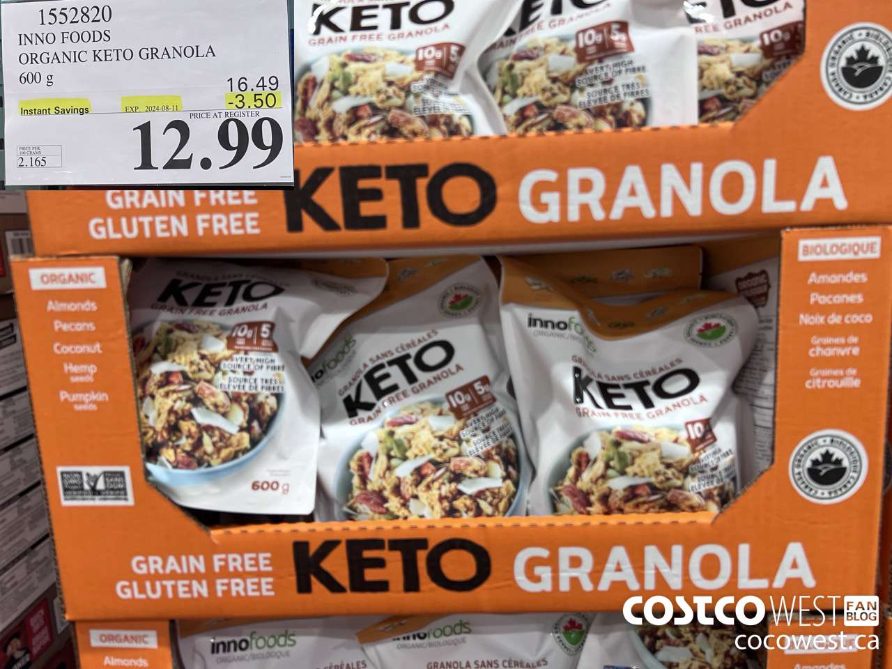 1552820 INNO FOODS ORGANIC KETO GRANOLA 600 g  ($3.50 INSTANT SAVINGS EXPIRES ON 2024-08-11) $12.99