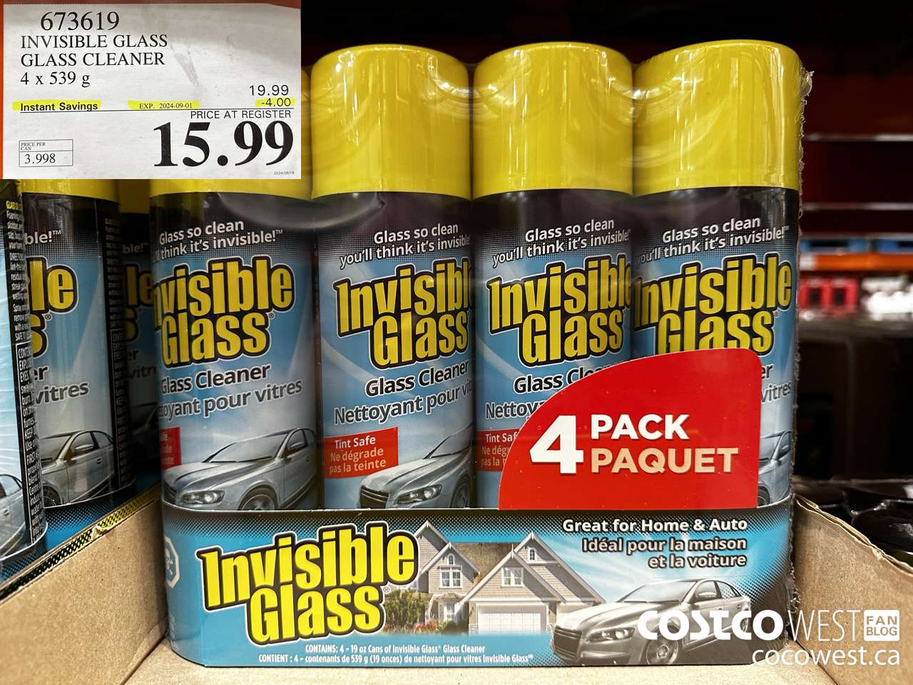 673619 INVISIBLE GLASS GLASS CLEANER 4 X 539 g ($4.00 INSTANT SAVINGS EXPIRES ON 2024-09-01) $15.99