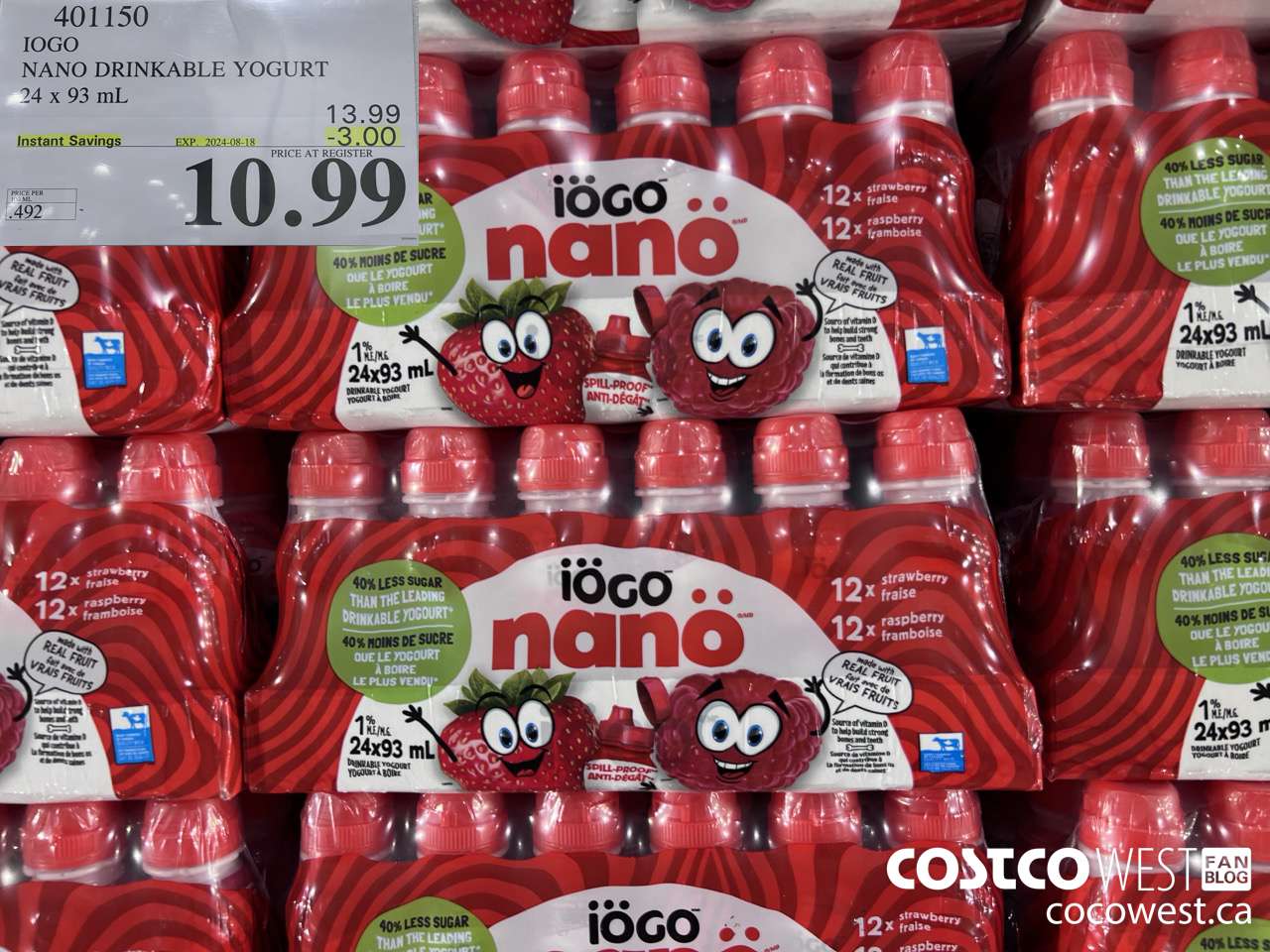 401150 IOGO NANO DRINKABLE YOGURT 24 x 93 mL ($3.00 INSTANT SAVINGS EXPIRES ON 2024-08-18) $10.99