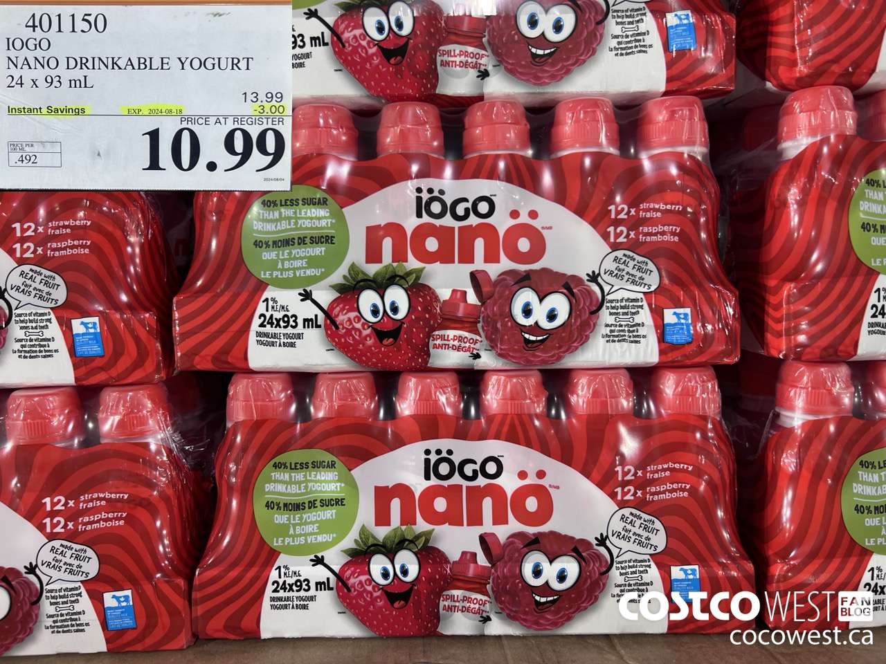 401150 IOGO NANO DRINKABLE YOGURT 24 x 93 mL ($3.00 INSTANT SAVINGS EXPIRES ON 2024-08-18) $10.99